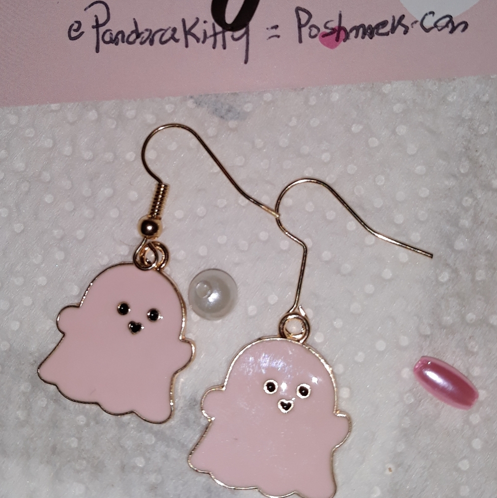 Pastel Pink Ghost Halloween Earrings spooky charm 1 pr Handmade NEW - Picture 6 of 6